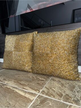 Pier 1 Gold Beaded Accent Decor Luxury Pillows - Set of 2